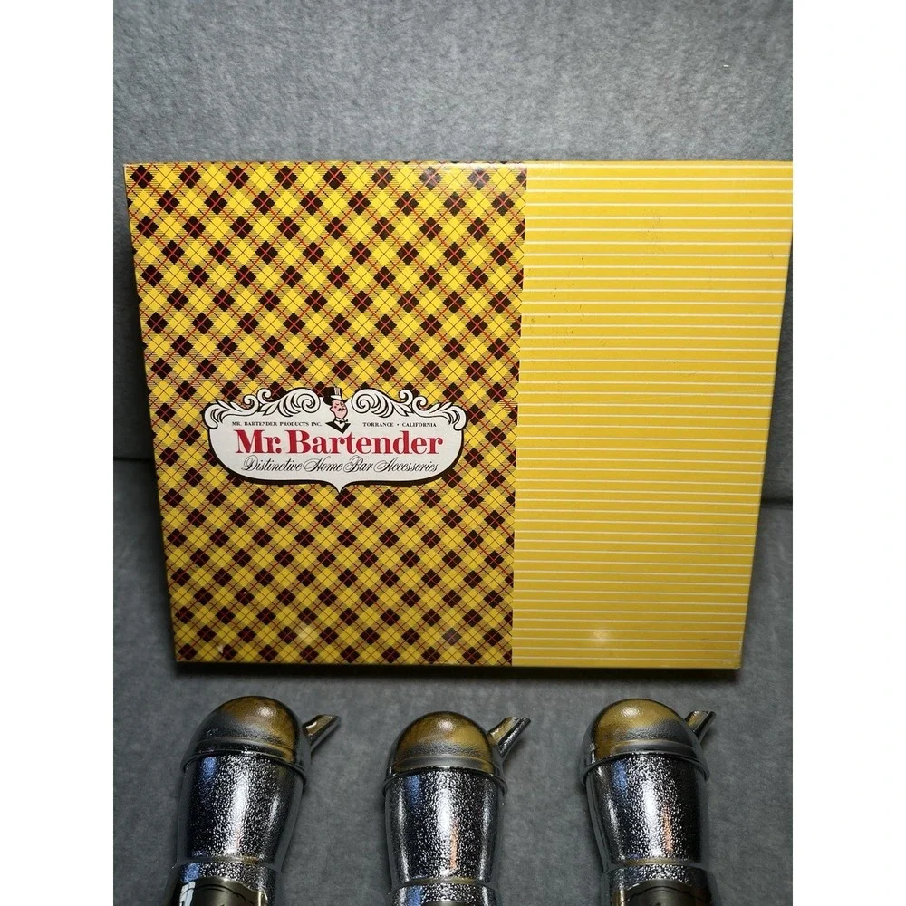 VTG Mr Bartender Set Of 3 Chrome Pouring Jigger Spout Gin Scotch & Bourbon MCM‎